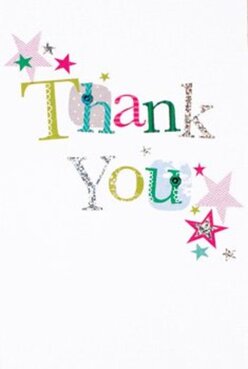 This thank you card, brimming with delight, feels like a celebration captured on paper-its 'Thank You' carefully stitched across the front in a kaleidoscope of lively hues. Each letter stands apart: lime green, fuchsia, and cerulean, some patterned with stars or the tiniest dots, others shimmering with silver glitter to catch the sunlight streaming through a Peckham studio window. Magenta, teal, and gold stars scatter around the message, giving the sense of confetti drifting down after one of the area's famous street parties. There's a tactile dimension to the card-the texture of the print and subtle glint of silver letters recalling the handmade crafts displayed at the Rye Lane market. The pure white background provides space for each detail to glow with gratitude, just as a bright bouquet glows in the hands of someone receiving thanks. Easy to imagine paired with a locally arranged bunch, this card resonates with the creativity and friendly flair of a Peckham florist, ensuring every sentiment lands with genuine warmth and a flourish of colour.